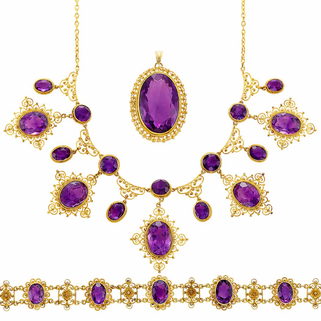 Appraisal: Demi-Parure of Antique Filigree Gold and Amethyst Jewelry Necklace bracelet