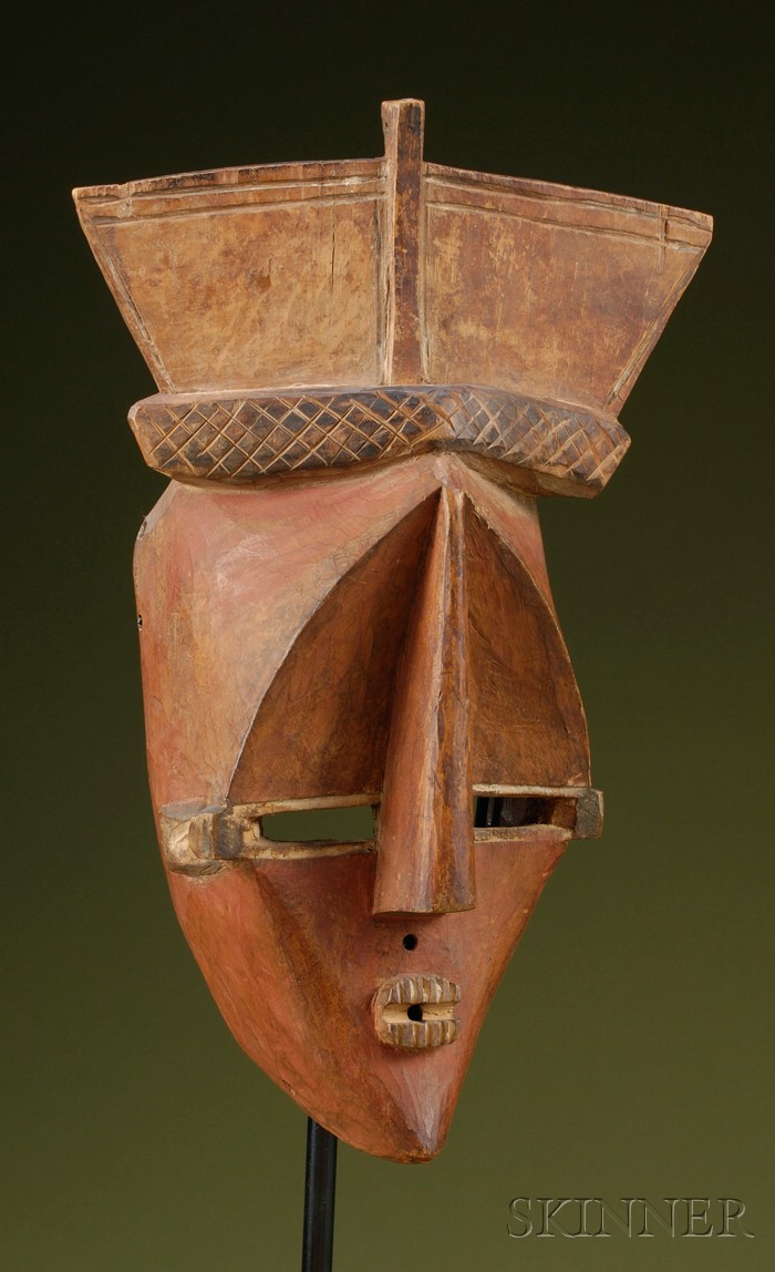 Appraisal: African Carved Wood Mask Lwalwa highly stylized diamond-shaped face with