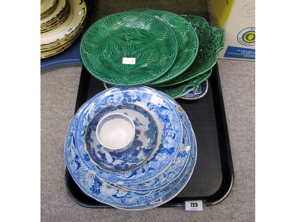 Appraisal: Majolica green plates and assorted blue and white plates and