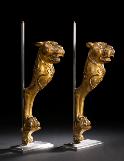 Appraisal: Pair of English Regency Carved Giltwood Monopodal Lion Supports originally