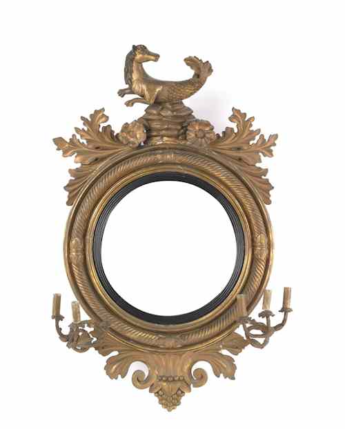 Appraisal: Carved giltwood girandole mirror th c with later electrified arms