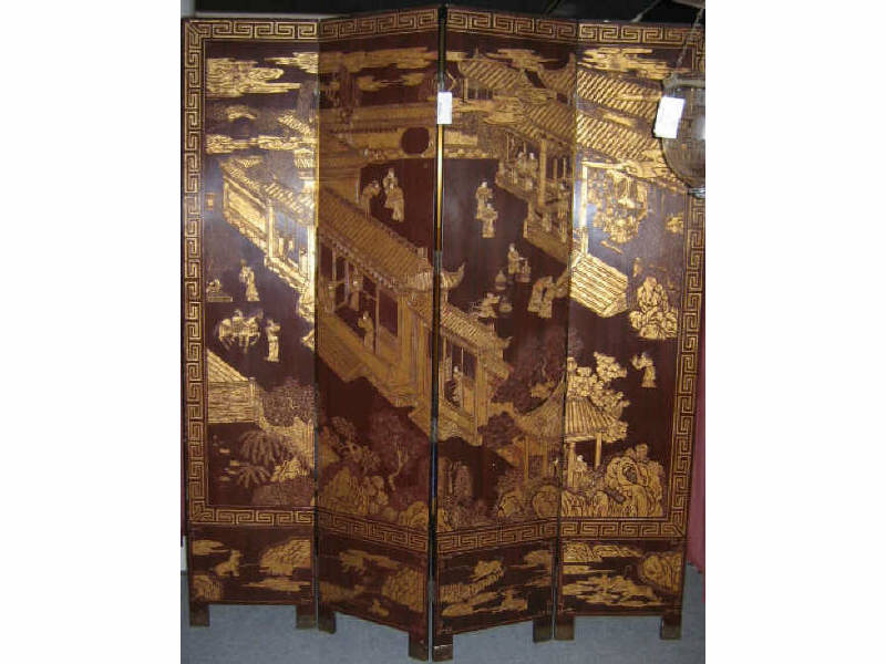 Appraisal: ASIAN FOUR PANEL ROOM SCREEN Red lacquered to both sides