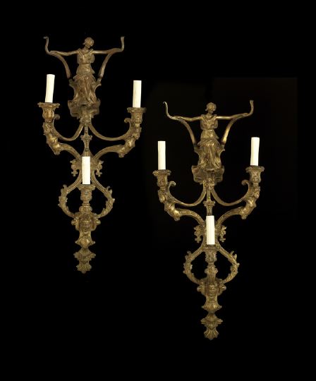 Appraisal: Unusual Pair of French Gilt-Bronze Tiered Three-Light Appliques first quarter