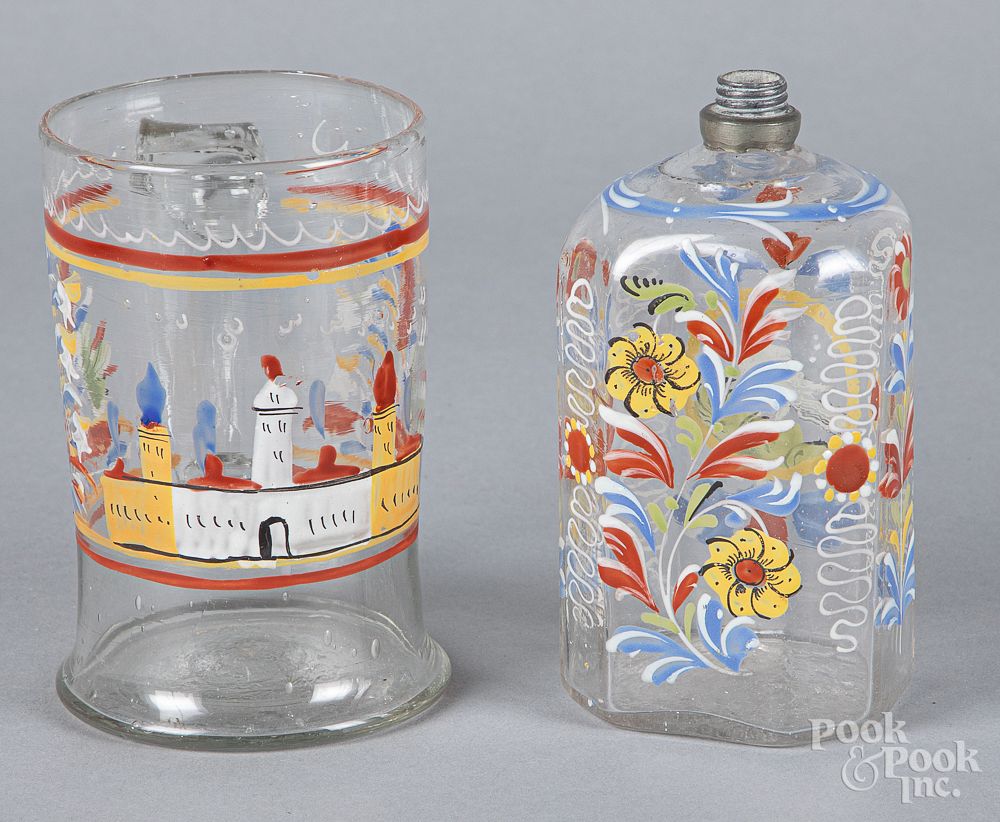 Appraisal: Stiegel type enamel decorated glass flask and mug Stiegel type