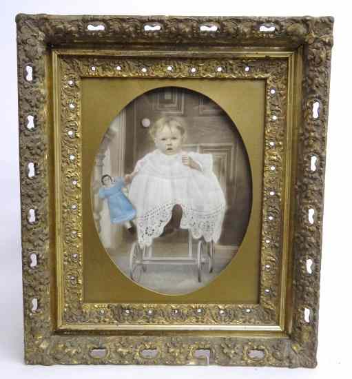 Appraisal: Victorian photo baby with doll in original frame Sight ''