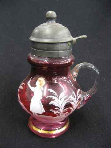 Appraisal: Victorian Cranberry Enameled Art Glass SyrupPitcher Mary Gregory style with