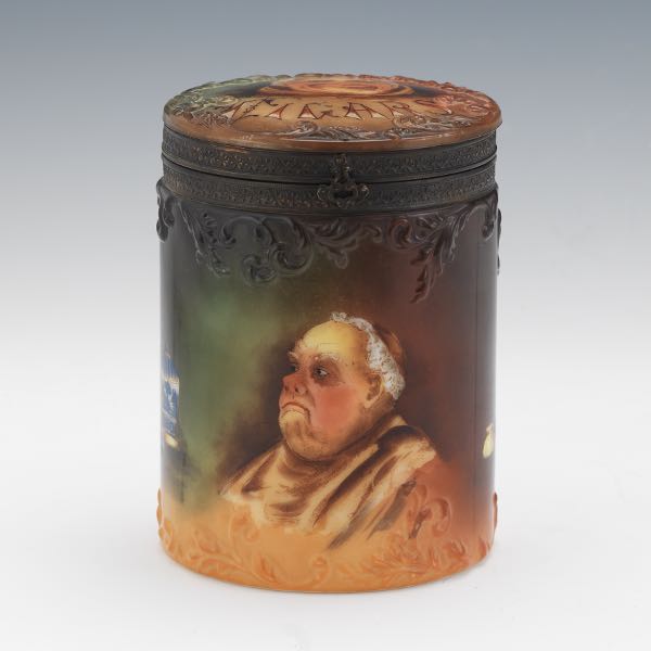 Appraisal: HANDEL PAINTED GLASS MONK HUMIDOR x Cylindrical painted glass humidor