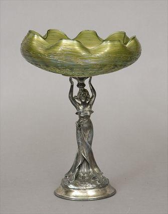 Appraisal: English Art Nouveau Silverplate-Mounted Threaded Iridescent Glass Centerpiece Bowl Marked