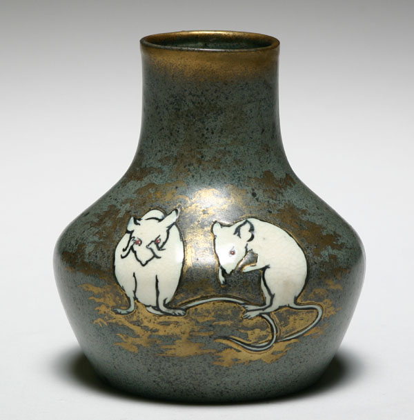 Appraisal: Austrian art pottery vase with incised mice H Good condition