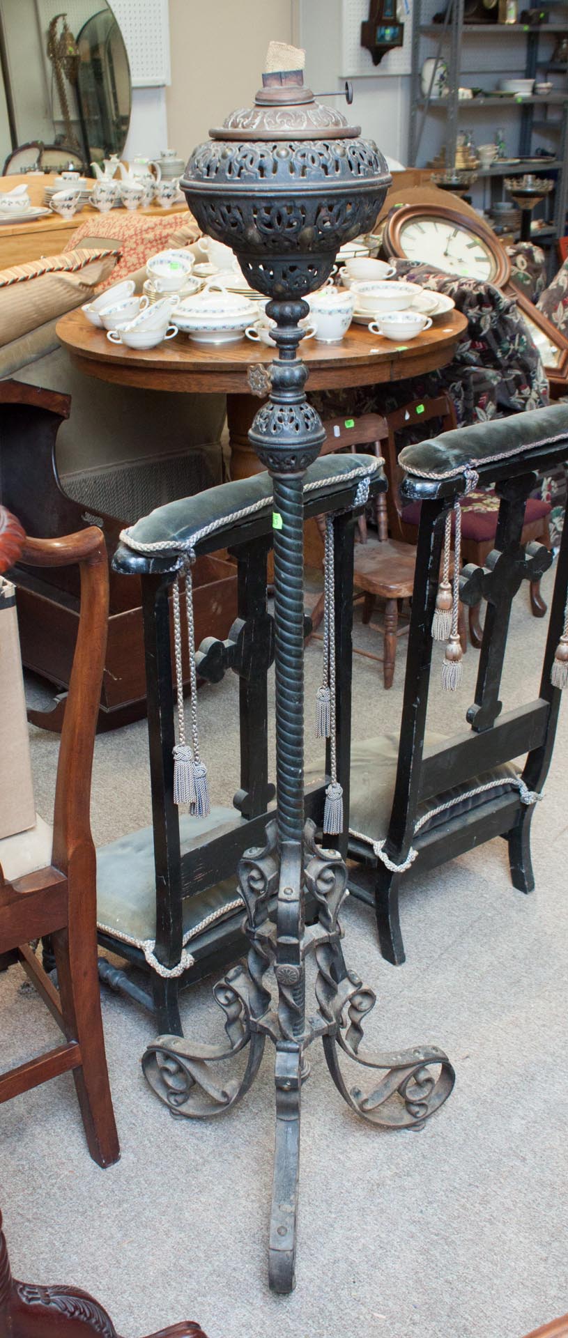 Appraisal: Victorian wrought iron standing fluid lamp adjustable pieced font in