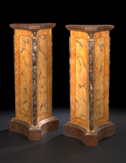 Appraisal: Pair of Empire-Style Ormolu-Mounted Faux-Marbre Wooden Pedestals each of triangular