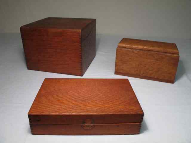 Appraisal: Three antique wooden boxes Includes a card filing box a