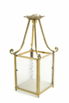 Appraisal: A brass hall lantern with etched glass panels early th