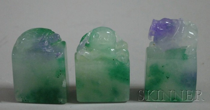 Appraisal: Three Carved Green Jade Seals decorated with a foo dog