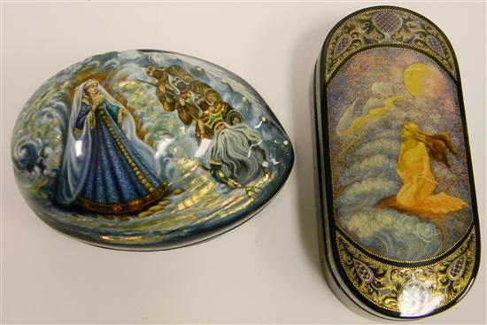 Appraisal: Two Russian lacquer boxes with fairytale scenes one shell form