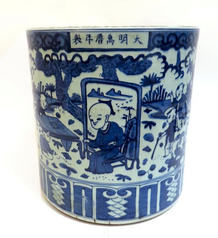 Appraisal: Large Blue White Ming Scroll Pot Large Blue White Ming