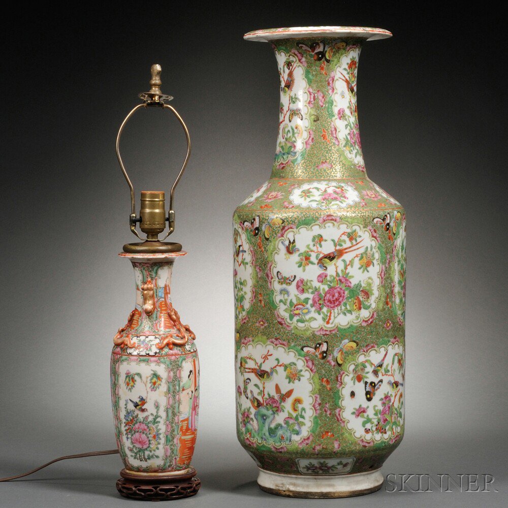 Appraisal: Large Famille Porcelain Temple Vase and Small Table Lamp China