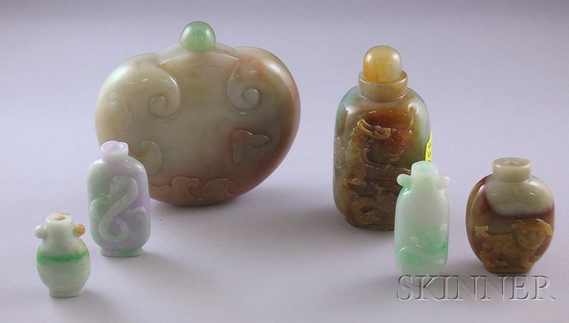 Appraisal: Six Carved Asian Jade and Stone Snuff Bottles a large