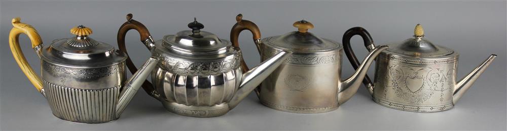 Appraisal: FOUR ENGLISH SILVER OVAL TEAPOTS including one London maker's mark