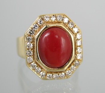 Appraisal: An Italian Coral and Diamond Ring A heavy k yellow