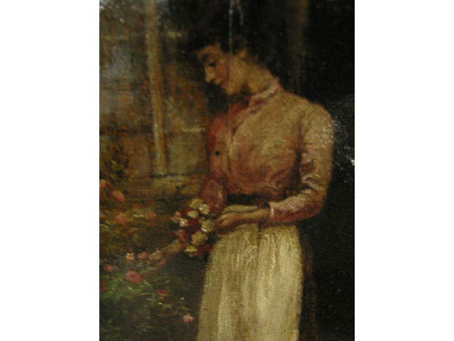 Appraisal: Victorian Oil on Board Lady Picking Flowers image x signed