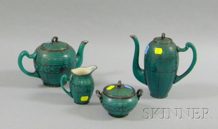 Appraisal: Four-Piece Lenox Sterling Silver Overlay Green Glazed Porcelain Tea and