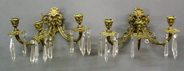 Appraisal: Pair of brass three-arm wall sconces c h x w