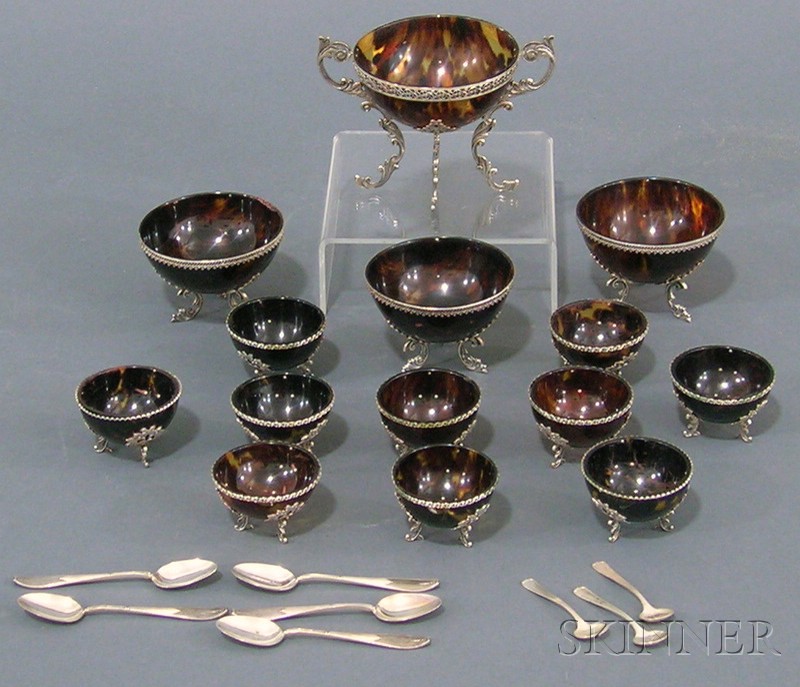 Appraisal: Fourteen-Piece Shell and Metal-mounted Condiment Set likely South American late