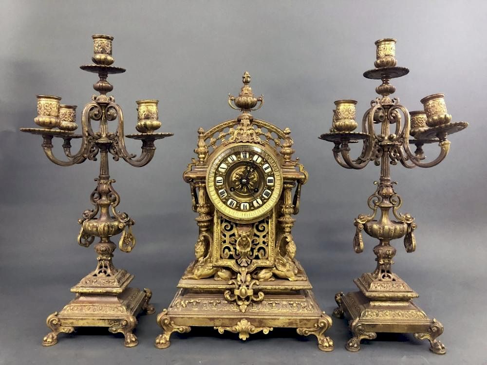 Appraisal: Tiffany Brass Clock and Garniture Set Signed Tiffany Co brass