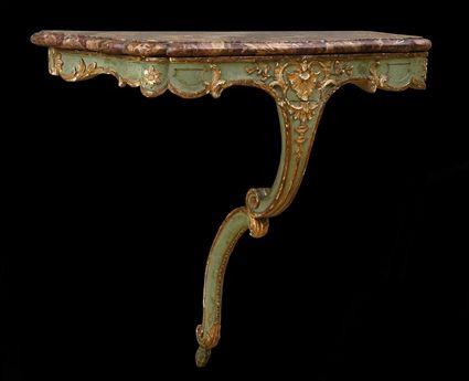 Appraisal: R GENCE-STYLE PAINTED AND PARCEL-GILT CONSOLE TABLE The marble top