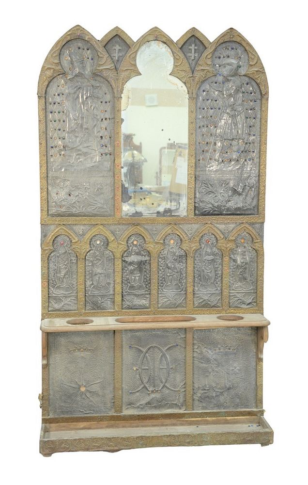 Appraisal: Gothic Hall Rack having embossed brass and embossed pewter figures