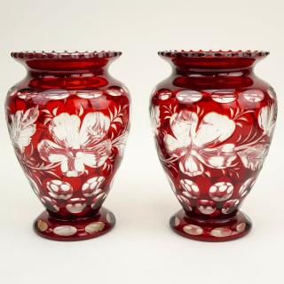 Appraisal: Pair of Bohemian Ruby to Clear Vases Pair of Bohemian