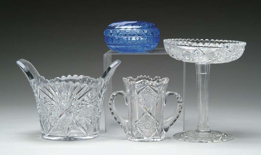 Appraisal: FOUR CUT GLASS ITEMS Ice bucket with two tab handles