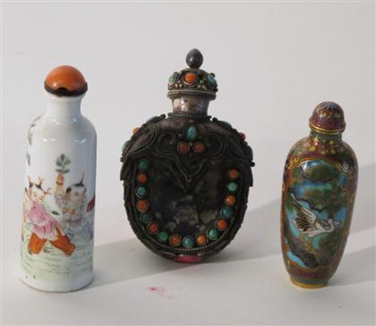 Appraisal: Three Chinese silver porcelain and cloisonne snuff bottles th century