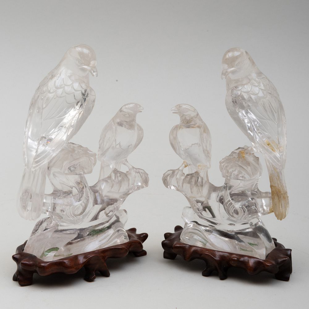 Appraisal: Pair of Chinese Rock Crystal Models of Birds With wood