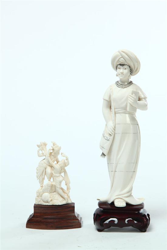 Appraisal: TWO IVORY FIGURES India th century Pictured is a woman