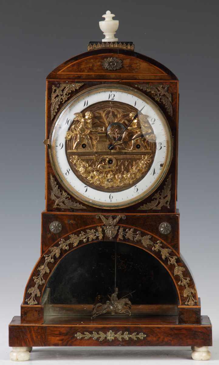 Appraisal: Austrian Mantle Clock Inlaid burl stamped brass mounts Automated brass