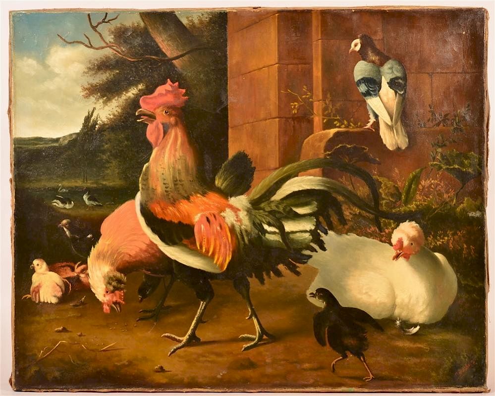 Appraisal: Oil on Canvas Painting of Rooster and Chickens Early th