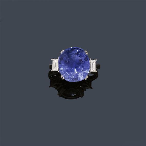 Appraisal: CEYLON SAPPHIRE AND DIAMOND RING White gold Classic-elegant ring the