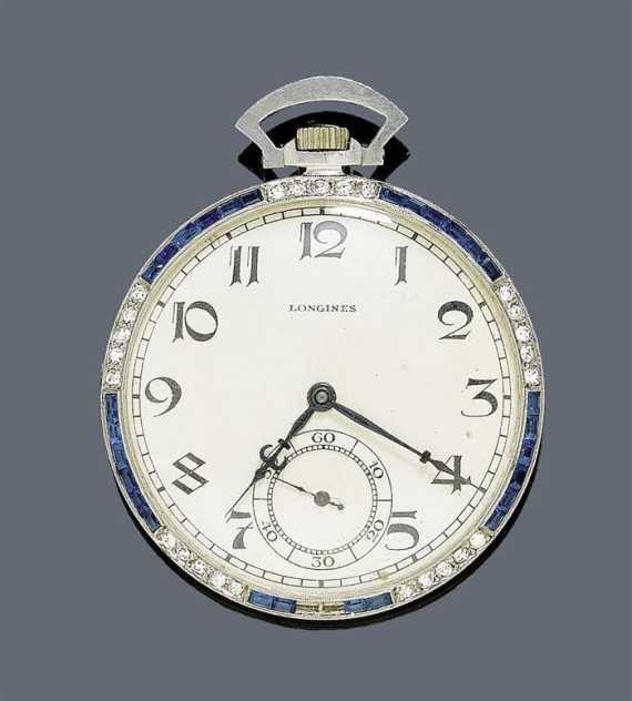 Appraisal: SAPPHIRE AND DIAMOND POCKET WATCH LONGINES ca Platinum Flat case