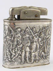 Appraisal: A plated table cigarette lighter with embossed silver sleeve Dutch