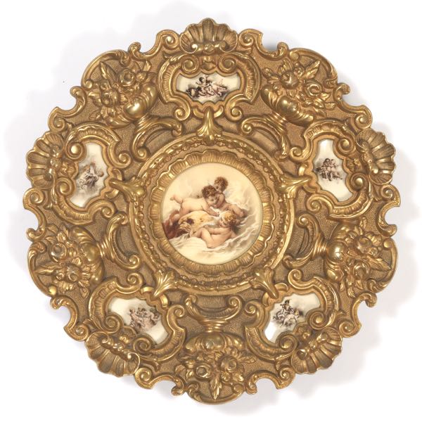 Appraisal: CAST GILT BRONZE WALL PLAQUE WITH FAUX PORCELAIN INSERTS PUTTI