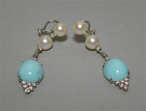 Appraisal: TURQUOISE DIAMOND AND CULTURED PEARL EARRINGS probably circa 's karat