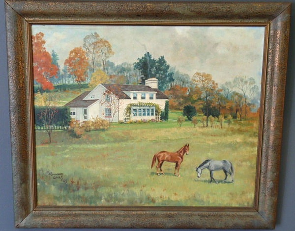 Appraisal: Oil on artist board painting of horses in a field