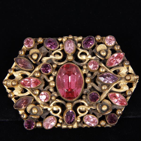 Appraisal: Czech Victorian Rose And Amethyst Crystal Jeweled Layeered Brass Brooch