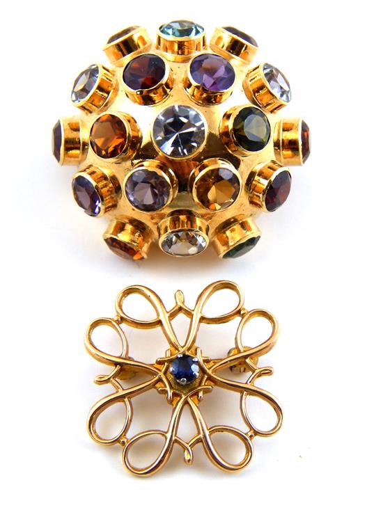 Appraisal: JEWELRY Two yellow gold pins multi-colored gemstone dome pin stamped