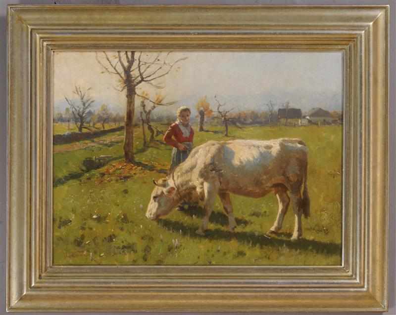 Appraisal: HERMAN HARTWICK - A LASS AND HER COW Oil on