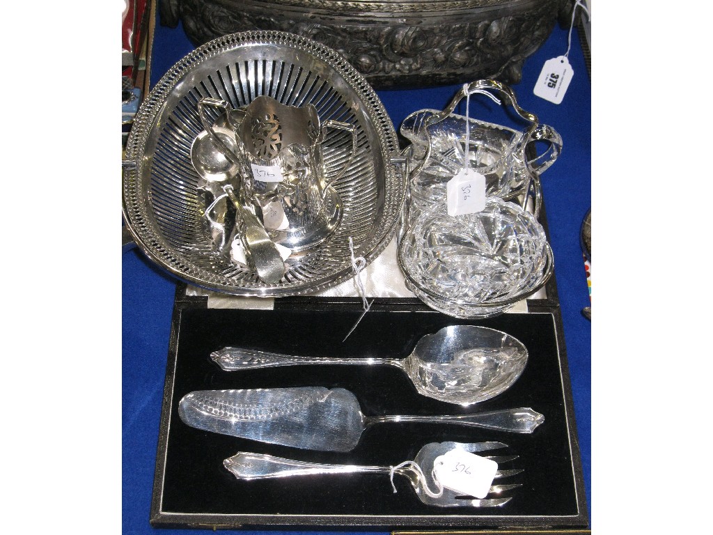 Appraisal: Lot comprising cake basket bottle holder cream and sugar ladles