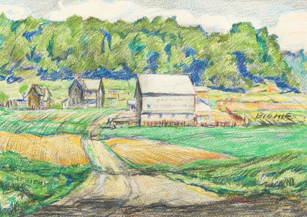 Appraisal: AUGUST BIEHLE AMERICAN - x Barn outside Zoar Colored pencil