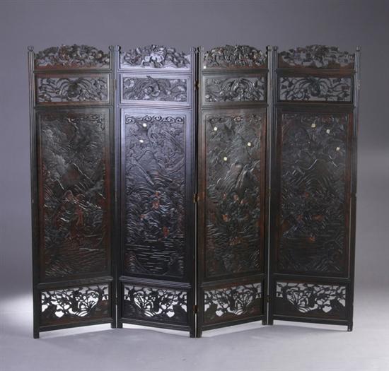 Appraisal: CHINESE FOUR-FOLD SCREEN Each panel with carved lattice work and